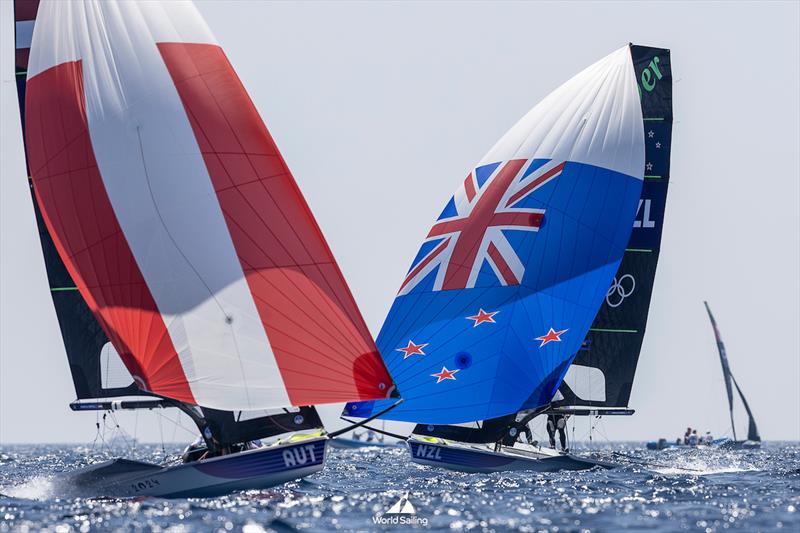 Ben Bildstein/David Hussi (AUT) and Isaac McHardie/William McKenzie (NZL) - 49er - Marseille - Paris2024 Olympic Regatta - July 29, 2024 photo copyright World Sailing / Sander van der Borch taken at  and featuring the 49er class