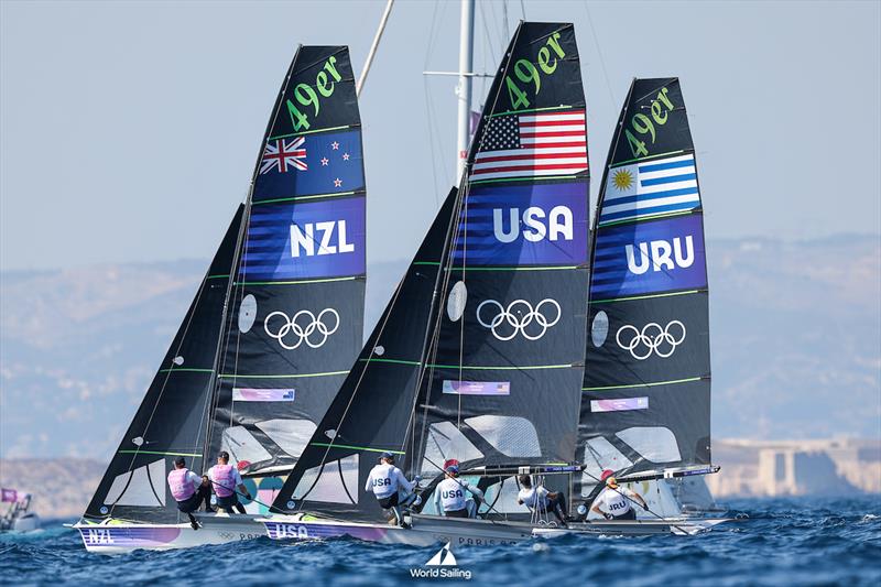 Mens Skiff (49er) attempt a race  - Marseille - Paris2024 Olympic Regatta - August 1, 2024 photo copyright World Sailing / Sander van der Borch taken at  and featuring the 49er class