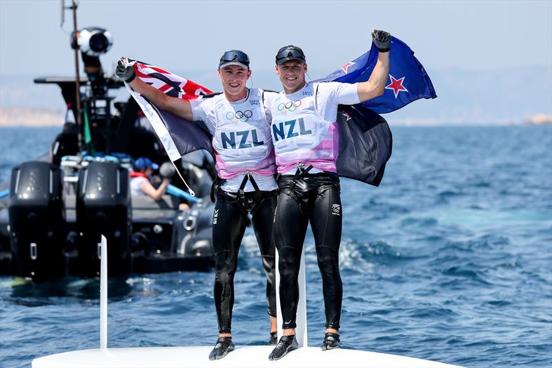 Isaac McHardie William McKenzie (NZL) celebrate winning silver in the Men's Skiff - Paris Olympic Sailing in Marseille, France August 2, 2024 - photo © World Sailing / Sander van der Borch