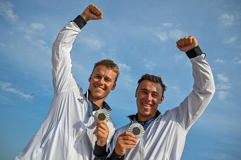 Isaac McHardie and Will McKenzie (NZL) - Silver Medalists - Mens Skiff - Paris2024 Olympic Sailing Event - Marseille - August 2, 2024 photo copyright World Sailing / Lloyd Images taken at Royal Akarana Yacht Club and featuring the 49er class