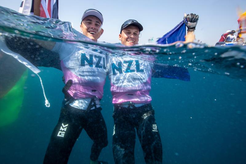 Isaac McHardie and Will McKenzie (NZL) - Silver Medalists - Mens Skiff - Paris2024 Olympic Sailing Event - Marseille - August 2, 2024 photo copyright World Sailing / Lloyd Images taken at Royal Akarana Yacht Club and featuring the 49er class