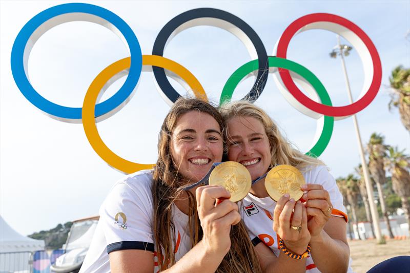 Odile van Aarnhold and Annette Duetz (NED) celebrate their Gold Medal win - Womens Skiff - Paris Olympic Sailing in Marseille, France August 2, 2024 - photo © World Sailing / Sander van der Borch