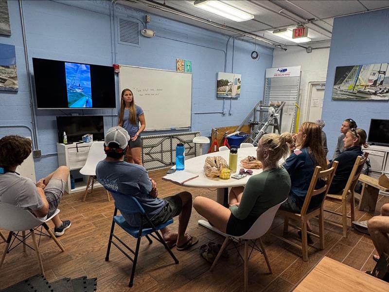 Paris Henken (Rio 2016 49erFX) reviews footage from day one with athletes before day two - photo © US Sailing