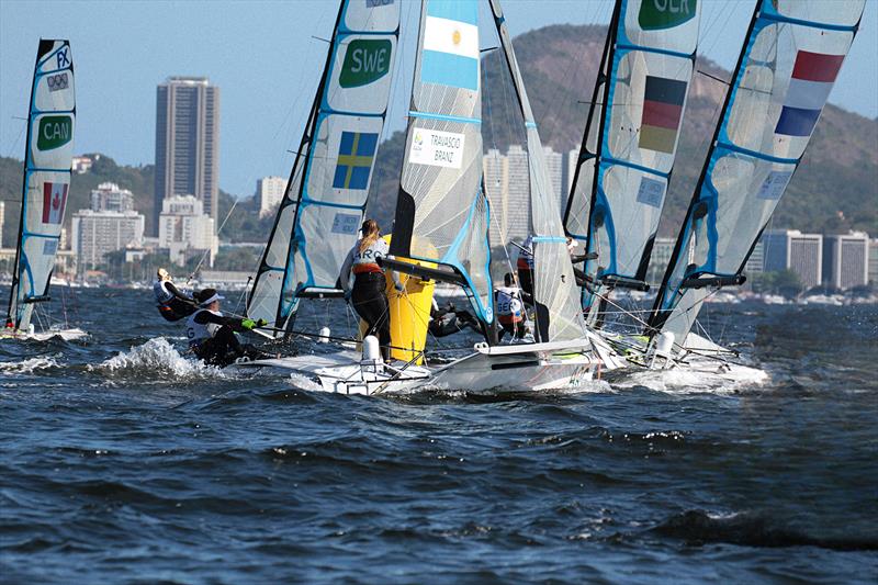 Hills along with high rise apartments ring the Rio harbour - chopping up the breeze - 49erFX - Rio de Janeiro - August 13, 2024 photo copyright Richard Gladwell - Sail-World.com / nz taken at Takapuna Boating Club and featuring the 49er FX class