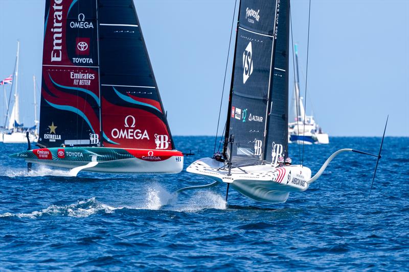 American Magic crosses Emirates Team NZ - Race Day 2 -  AC40 - America's Cup Preliminary Regatta - Vilanova - September 16, 2023 - photo © America's Cup Media