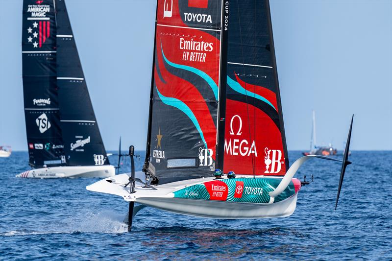 Emirates Team New Zealand crosses American Magic - Race Day 2 -  AC40 - America's Cup Preliminary Regatta - Vilanova - September 16, 2023 photo copyright America's Cup Media taken at Club Náutic Vilanova and featuring the AC40 class