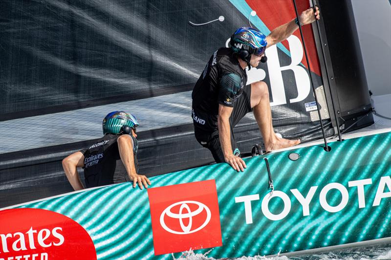 Emirates Team NZ struggle to get foiling - America's Cup Preliminary Regatta - Day 3 -  Vilanova - September 17, 2023 photo copyright America's Cup Media taken at Club Náutic Vilanova and featuring the AC40 class