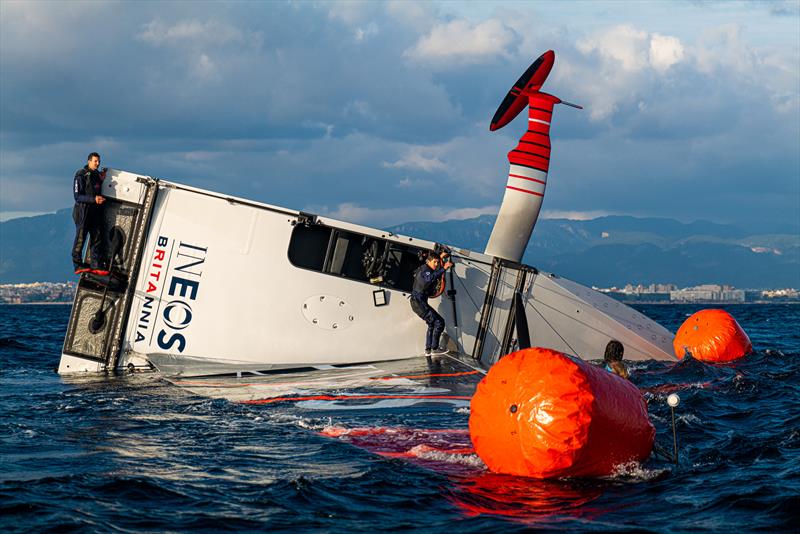 INEOS Britannia recover their capsized test boat T6, Palma - February 8, 2023 - photo © Ugo Fonolla / America's Cup