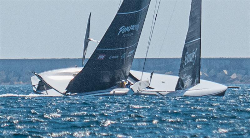 Loose fairing lying against the sidestay - American Magic - AC75 - Day 18 - June 6, 2024 - Barcelona photo copyright Ugo Fonolla / America's Cup taken at New York Yacht Club and featuring the AC75 class