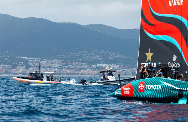 Individual Team Spy boats swarm around Emirates Team NZ - AC75 - July 9, 2024 - Barcelona photo copyright Job Vermeulen / America's Cup taken at Royal New Zealand Yacht Squadron and featuring the AC75 class