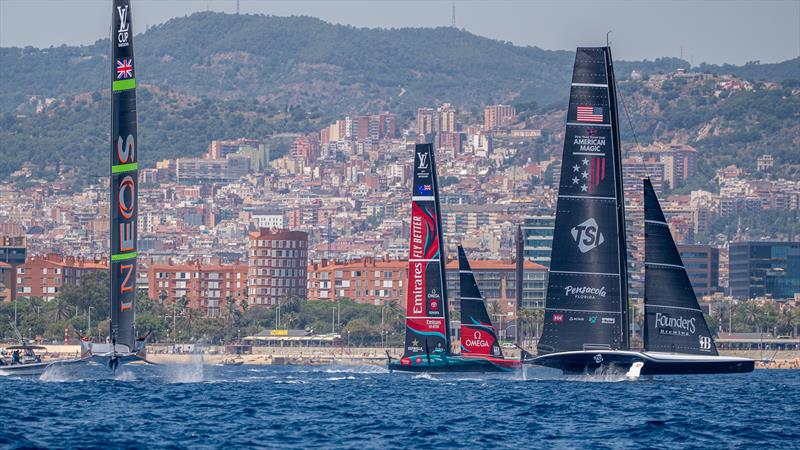 Emirates Team New Zealand, INEOS Britannia and American Magic - AC75 - July 19  , 2024 - Barcelona photo copyright James Somerset/ Emirates Team NZ taken at Royal New Zealand Yacht Squadron and featuring the AC75 class