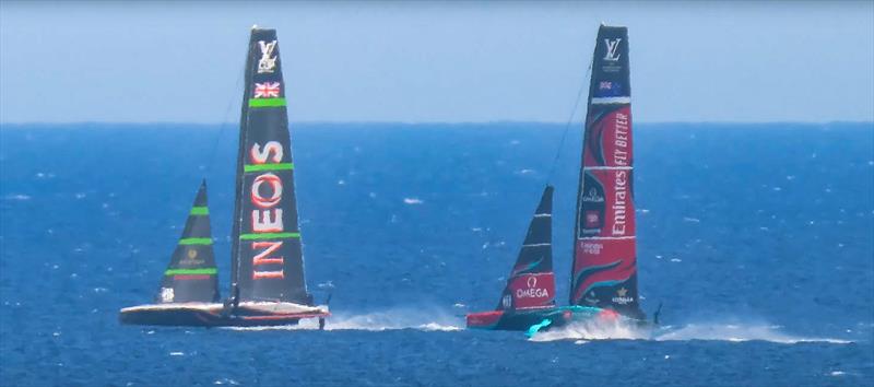 INEOS Britannia leads Emirates Team New Zealand in an Official Practice session on August 1, 2024 photo copyright RAW Offshore taken at Royal Yacht Squadron and featuring the AC75 class