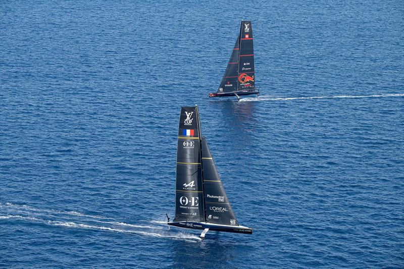 Orient Express leads Alinghi Red Bull Racing - Louis Vuitton Cup - Day 1 - Barcelona - August 29, 2024 photo copyright Ricardo Pinto / America's Cup taken at Real Club Nautico de Barcelona and featuring the AC75 class