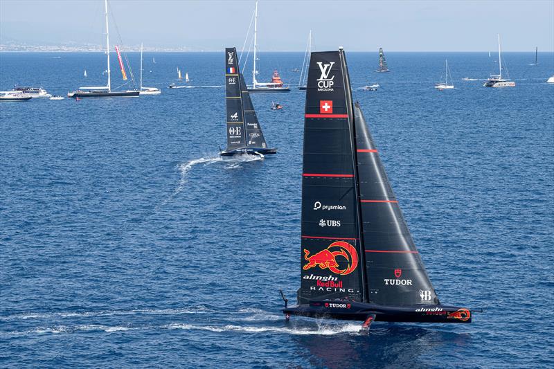 Orient Express leads Alinghi Red Bull Racing - Louis Vuitton Cup - Day 1 - Barcelona - August 29, 2024 photo copyright Ricardo Pinto / America's Cup taken at Real Club Nautico de Barcelona and featuring the AC75 class