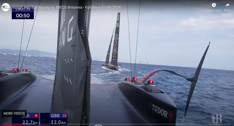 Position 1: INEOS Britannia has just tacked on top of Alinghi  and although the speed of both boats is 22kts, INEOS Britannia's mainsail can be seen to flick back across the boat as the Swiss get hit by the turbulence from the Brit's rig photo copyright America's Cup taken at Royal New Zealand Yacht Squadron and featuring the AC75 class