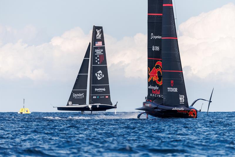 Alinghi Red Bull Racing BoatOne defeats American Magic on Day 3, Louis Vuitton Cup Round Robin 2 in Barcelona, Spain. 5 September photo copyright Alinghi Red Bull Racing / Samo Vidic taken at  and featuring the AC75 class