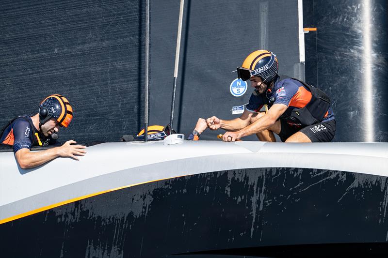 Fist bumps on INEOS Britannia, winner of the Louis Vuitton Cup Round Robin Series - 9th September 2024 - photo © Ricardo Pinto / America's Cup