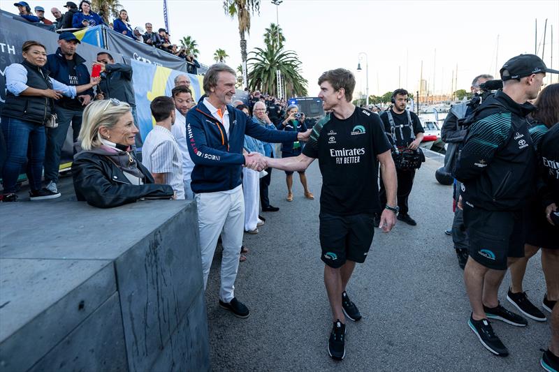 Sir Jim Ratcliffe congratulates Peter Burling after the Louis Vuitton 37th America's Cup Barcelona photo copyright Ricardo Pinto / America's Cup taken at  and featuring the AC75 class