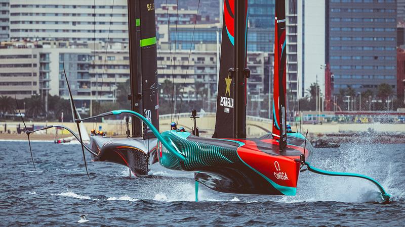 Emirates Team NZ leads INEOS Britannia in Race 1 of the 37th America's Cup - Barcelona - October 12, 2024 photo copyright Ian Roman / America's Cup taken at Royal New Zealand Yacht Squadron and featuring the AC75 class