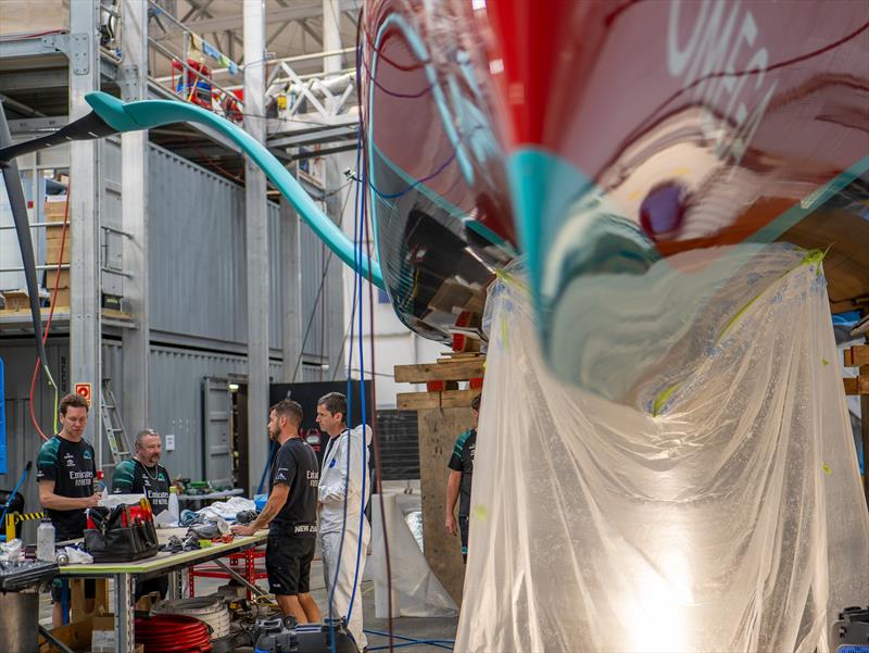 Emirates Team New Zealand design and shore crews work around the clock to repair their AC75 raceboat damaged on Thursday - August 31, 2024 - Barcelona photo copyright Emirates Team NZ taken at Royal New Zealand Yacht Squadron and featuring the ACC class