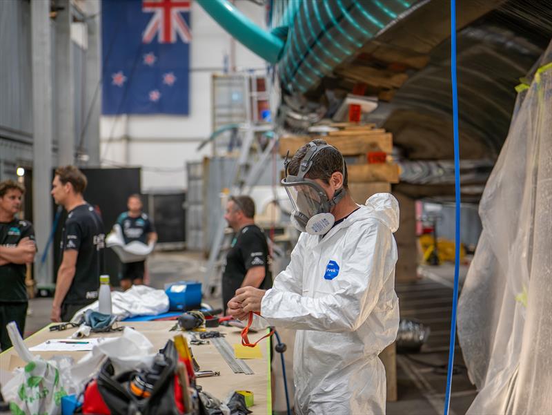 Emirates Team New Zealand design and shore crews work around the clock to repair their AC75 raceboat damaged on Thursday - August 31, 2024 - Barcelona photo copyright Emirates Team NZ taken at Royal New Zealand Yacht Squadron and featuring the ACC class