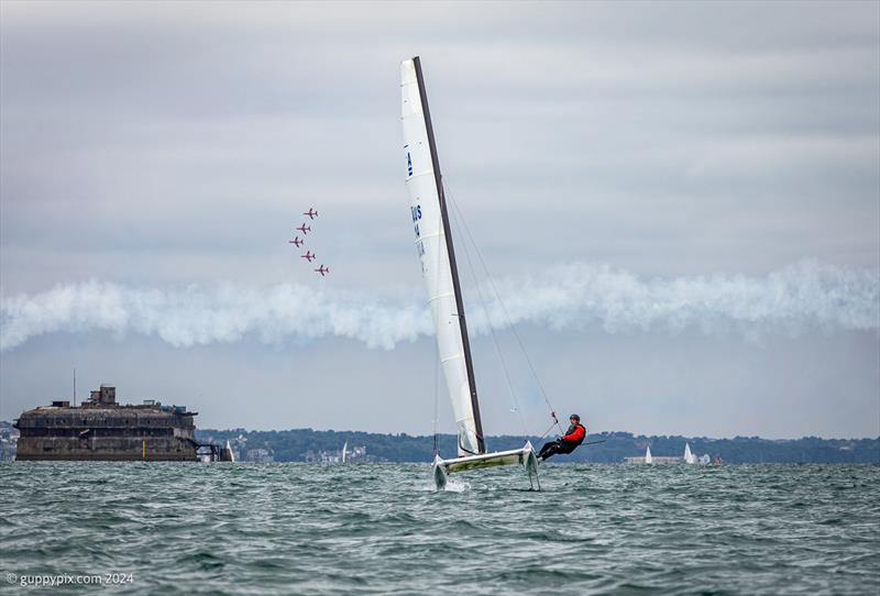 Dave Roberts flying away on his DNA from the Red Arrows 5 ship section during the Unicorn and A Class Catamaran Nationals at Hayling Ferry SC - photo © Gordon Upton / www.guppypix.com