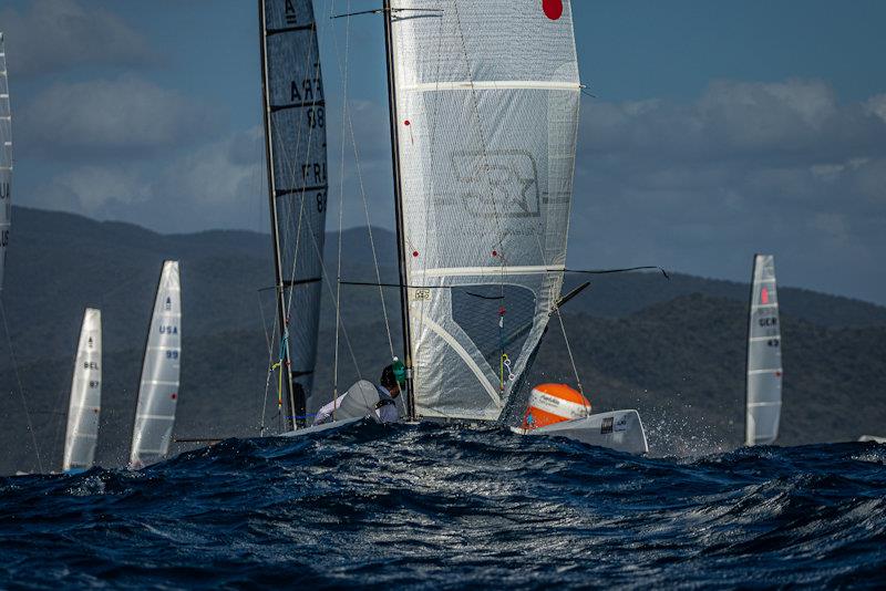 Big wave sailing in the A-Cat is fun; long bows make them less prone to pitchpole than many other classes - A Class Cat Worlds at Punta Ala day 1 - photo © Gordon Upton / www.guppypix.com