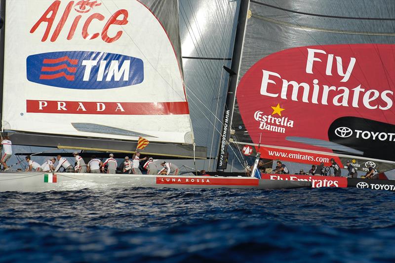 Emirates Team New Zealand, NZL82 passes under Luna Rossa Challenge, ITA74 at the 1st mark rounding. Their last match of the Louis Vuitton Act 8. Trapani, Sicily, Italy. 4 / 10 / 2005 photo copyright Chris Cameron taken at  and featuring the ACC class