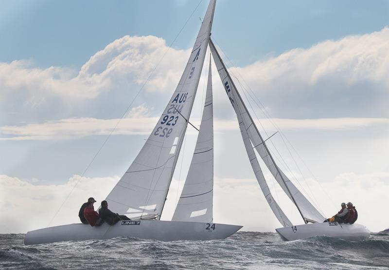 Racer X out of Hong Kong have the starboard tack rights over Adolescence, on the way to the weather mark for the first time in Race Four on day 2 of the Line 7 Etchells Australasian Championship at Mooloolaba - photo © Alex McKinnon Photography