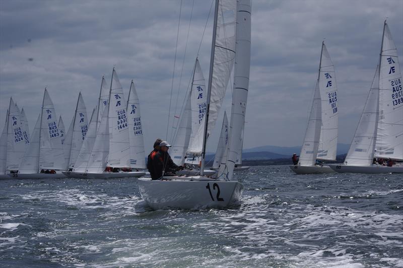 African Queen AUS1450, out of Gosford Sailing Club, with Etchells Australia president Jan Muysken (helm), international sailor from Ireland Gordon Maguire and Sven Runow, running the start line yesterday - photo © Jeanette Severs