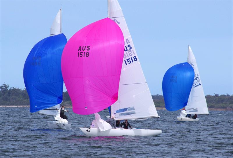 Flying High 2 AUS1518 with helm Jeanne-Claude Strong, heads to the leeward gate, with Magpie AUS1486 trying to intercept, and Flirtation AUS1026 behind, in the Etchells 2025 Australian championship regatta - photo © Jeanette Severs