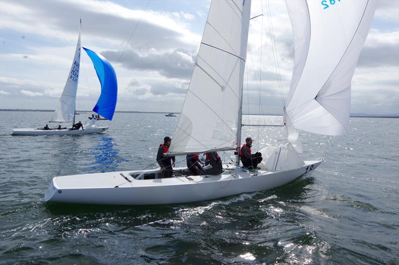 Crossing the finish line close together in race 7 of the Etchells 2025 Australian championship were Racer CC HKG1482, helmed by Mark Thornburrow and crewed by Malcolm Page, Mike Huang and Julian Plante, and Tiger AUS1524, helmed by Nigel Abbott and with C - photo © Jeanette Severs