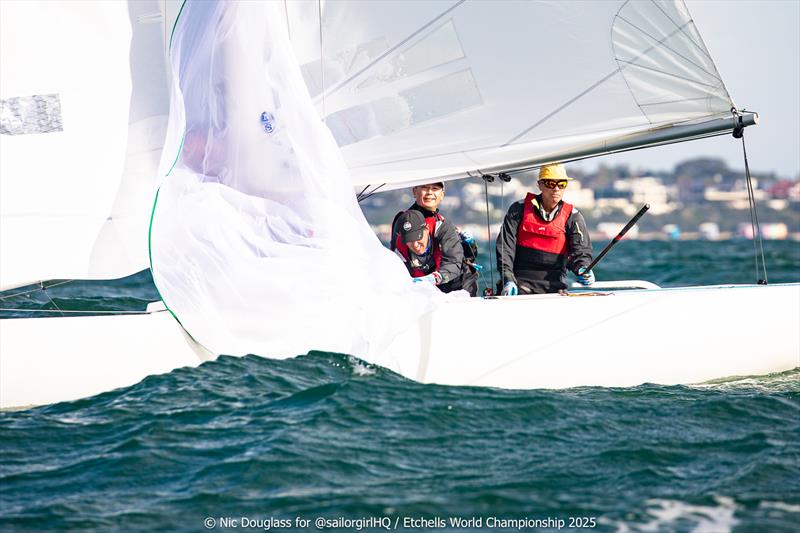 Smiles onboard Racer CC after a win in Race 7 - Etchells World Championship 2025 Day 4 - photo © Nic Douglass @sailorgirlHQ