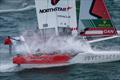 Canada NorthStar SailGP Team helmed by Giles Scott hit a wave during a practice session ahead of the Rolex SailGP Championship ITM New Zealand Sail Grand Prix in Auckland, New Zealand