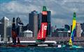 ROCKWOOL Denmark SailGP Team helmed by Nicolai Sehested, Mubadala Brazil SailGP Team helmed by Martine Grael, Spain SailGP Team helmed by Diego Botin in action on Race Day 1 of The Rolex SailGP Championship ITM New Zealand Sail Grand Prix in Auckland, New