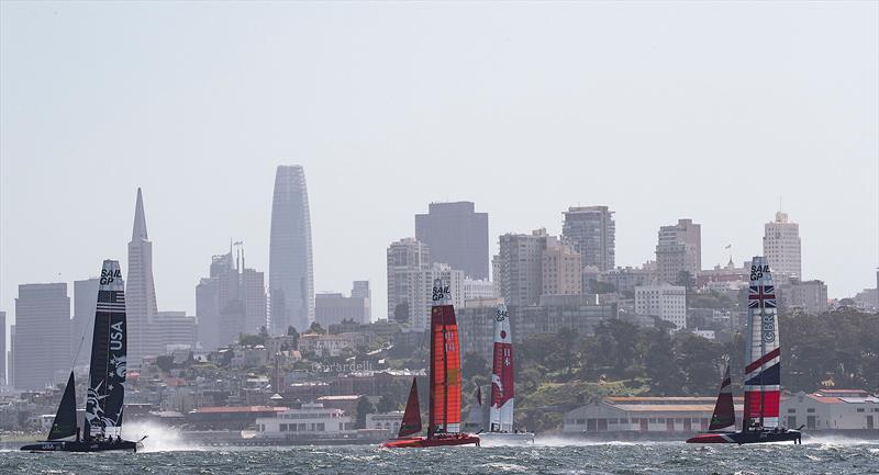 SailGP teams training in the bay in choppy waters across the City front.  SailGP event in San Francisco, California, - photo © www.lloydimages.com