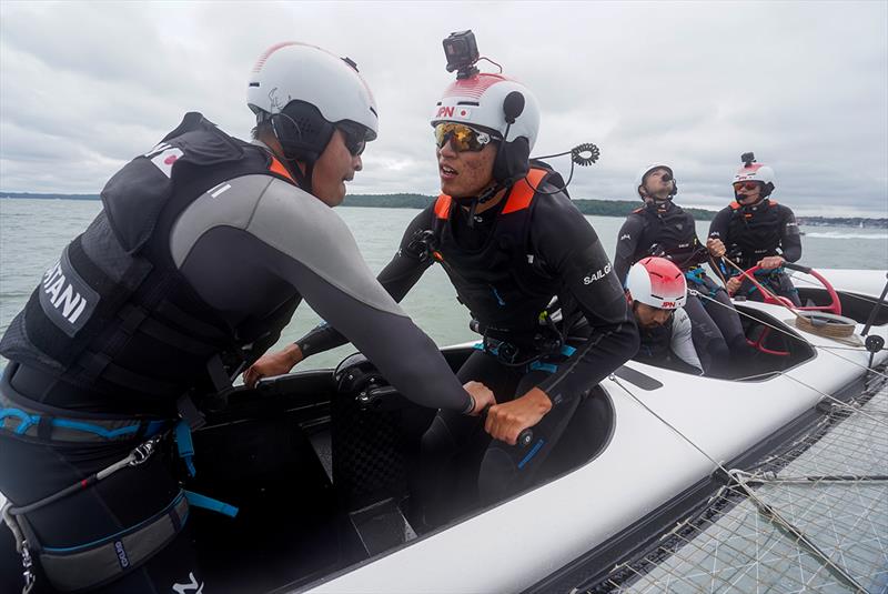 Japan SailGP Team grinders Leo Takahashi and Yuki Kasatani in action as Japan SailGP Team practise on The Solent ahead of Event 4 Season 1 SailGP event in Cowes, Isle of Wight, England, United Kingdom - photo © Beau Outteridge for SailGP