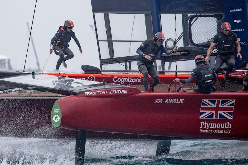 Hannah Mills of Great Britain SailGP Team runs across the F50 during a practice session - photo © Javier Salinas for SailGP