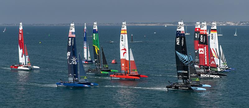 The fleet led by New Zealand SailGP Team, Germany SailGP Team, ROCKWOOL Denmark SailGP Team and Switzerland SailGP Team in action during a practice session ahead of the Spain Sail Grand Prix in Cadiz, Spain photo copyright Ricardo Pinto for SailGP taken at  and featuring the F50 class