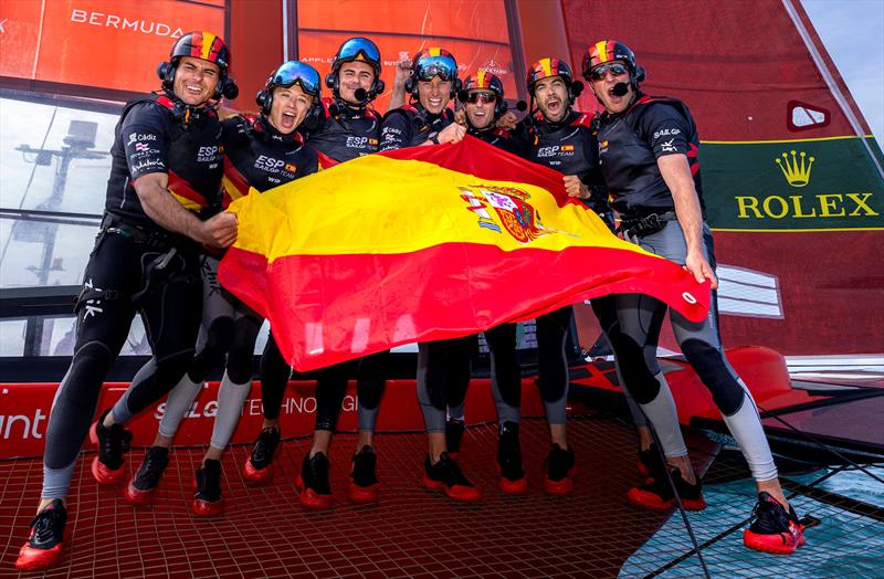 Spain SailGP Team helmed by Diego Botin celebrate on board their F50 catamaran after winning the Apex Group Bermuda Sail Grand Prix - photo © Felix Diemer for SailGP