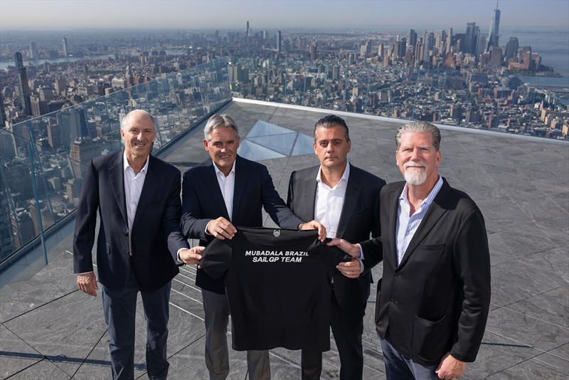 Alan Adler, CEO IMM , Sir Russell Coutts, SailGP CEO, Oscar Fahlgran, CIO Mubadala Capital, Brian Lott, Chief Communications Officer Mubadala Capital, announce the new Mubadala Brazil SailGP Team ahead of the Mubadala New York Sail Grand Prix in New York photo copyright Felix Diemer/SailGP taken at New York Yacht Club and featuring the F50 class