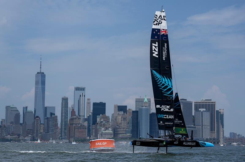 New Zealand SailGP Team helmed by Peter Burling pass the New York City skyline on Race Day 2 of the Mubadala New York Sail Grand Prix in New York, photo copyright Bob Martin/SailGP taken at Royal New Zealand Yacht Squadron and featuring the F50 class