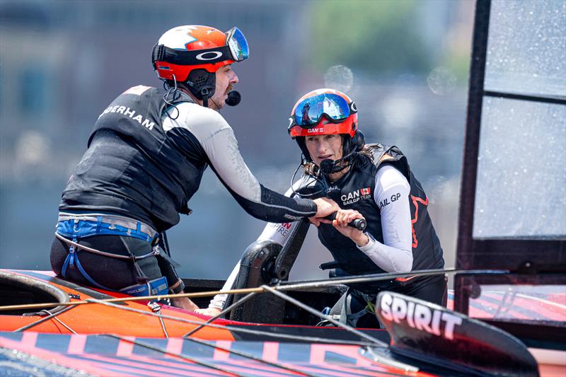 Annie Haeger, strategist of Canada SailGP Team, and Billy Gooderham, flight controller of Canada SailGP Team, in action on the grinding handles during a practice session ahead of the  Rockwool - Canada Sail Grand Prix in Halifax,  May 2024 photo copyright Ricardo Pinto/SailGP taken at Halifax Sailing Club and featuring the F50 class