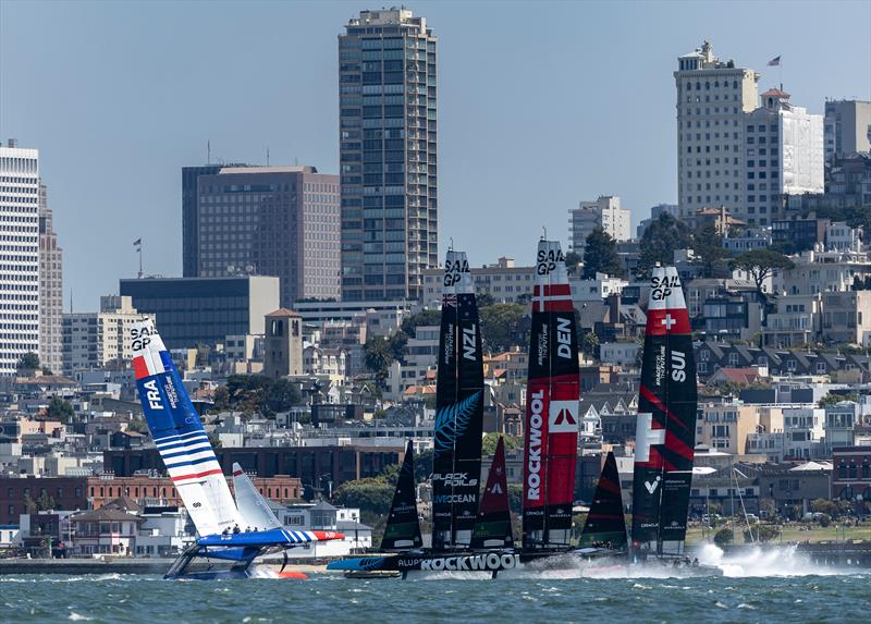 France SailGP Team after colliding with the Denmark SailGP Team Race Day 2 -  SailGP Season 4 Grand Final in San Francisco, USA - July 14, 2024 - photo © Samo Vidic / SailGP