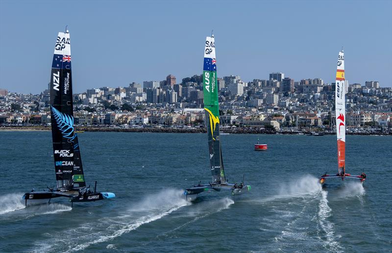 Spain SailGP Team helmed by Diego Botin, Australia and New Zealand SailGP Team helmed by Peter Burling in action in front of the San Francisco skyline on Race Day 2 of the SailGP Season 4 Grand Final in San Francisco - photo © Jed Jacobsohn for SailGP