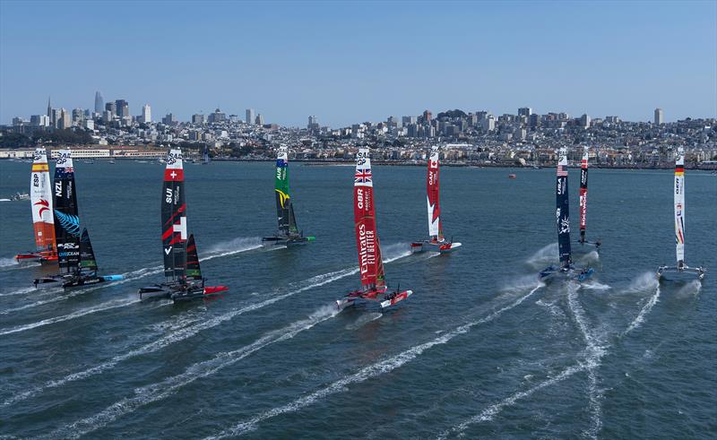 The SailGP F50 catamaran fleet in action in front of the San Francisco Skyline on Race Day 2 of the SailGP Season 4 Grand Final in San Francisco, USA - photo © Jed Jacobsohn for SailGP