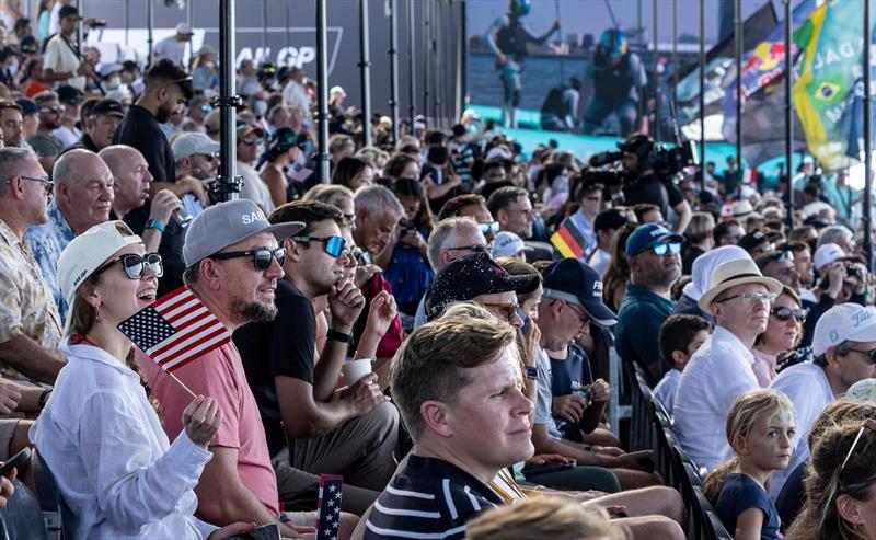 Spectators watch from the grandstand in the race stadium during racing on Race Day 1 of the Emirates Dubai Sail Grand Prix  - November 23, 2024  photo copyright Ricardo Pinto/SailGP taken at Dubai Offshore Sailing Club and featuring the F50 class