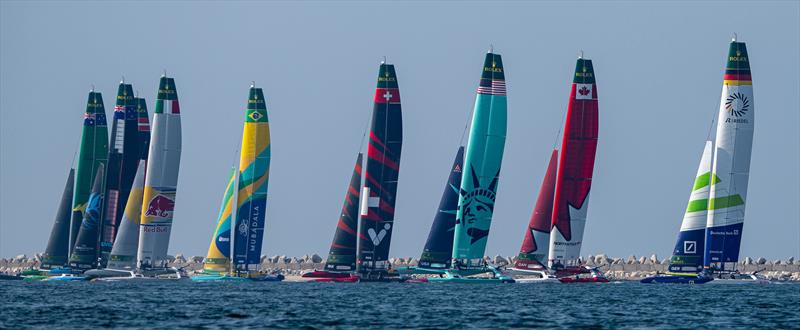 The SailGP fleet in action as they leave the start line in Fleet Race 1 - Race Day 1 - Emirates Dubai Sail Grand Prix -  November 23, 2024 photo copyright Ricardo Pinto/SailGP taken at Dubai Offshore Sailing Club and featuring the F50 class