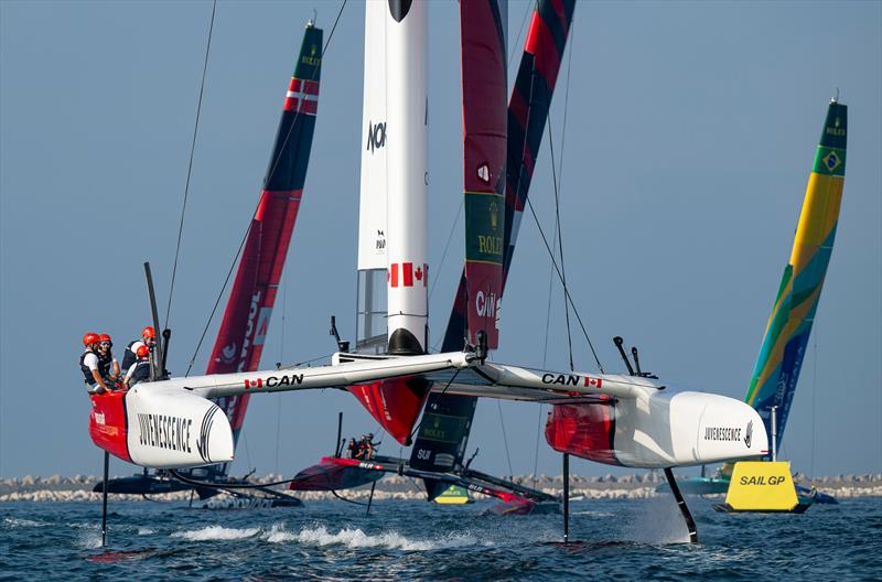 Canada NorthStar SailGP Team lead Switzerland SailGP Team  Denmark SailGP Team  and Mubadala Brazil SailGP Teamon Race Day 1 of the Emirates Dubai Sail Grand Prix  photo copyright Ricardo Pinto/SailGP taken at Dubai Offshore Sailing Club and featuring the F50 class