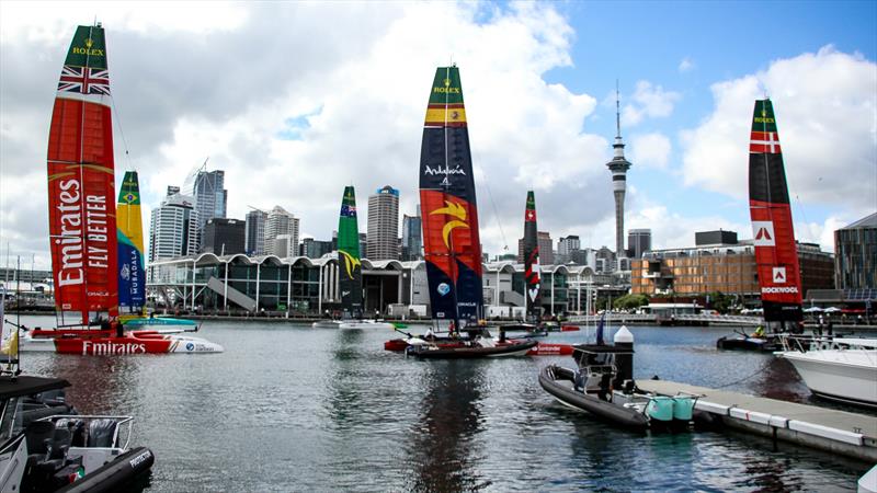 On moorings ahead of Practice Session - Day 5 - Auckland SailGP - January 14,  2024 photo copyright Richard Gladwell - Sail-World.com/nz taken at Royal New Zealand Yacht Squadron and featuring the F50 class